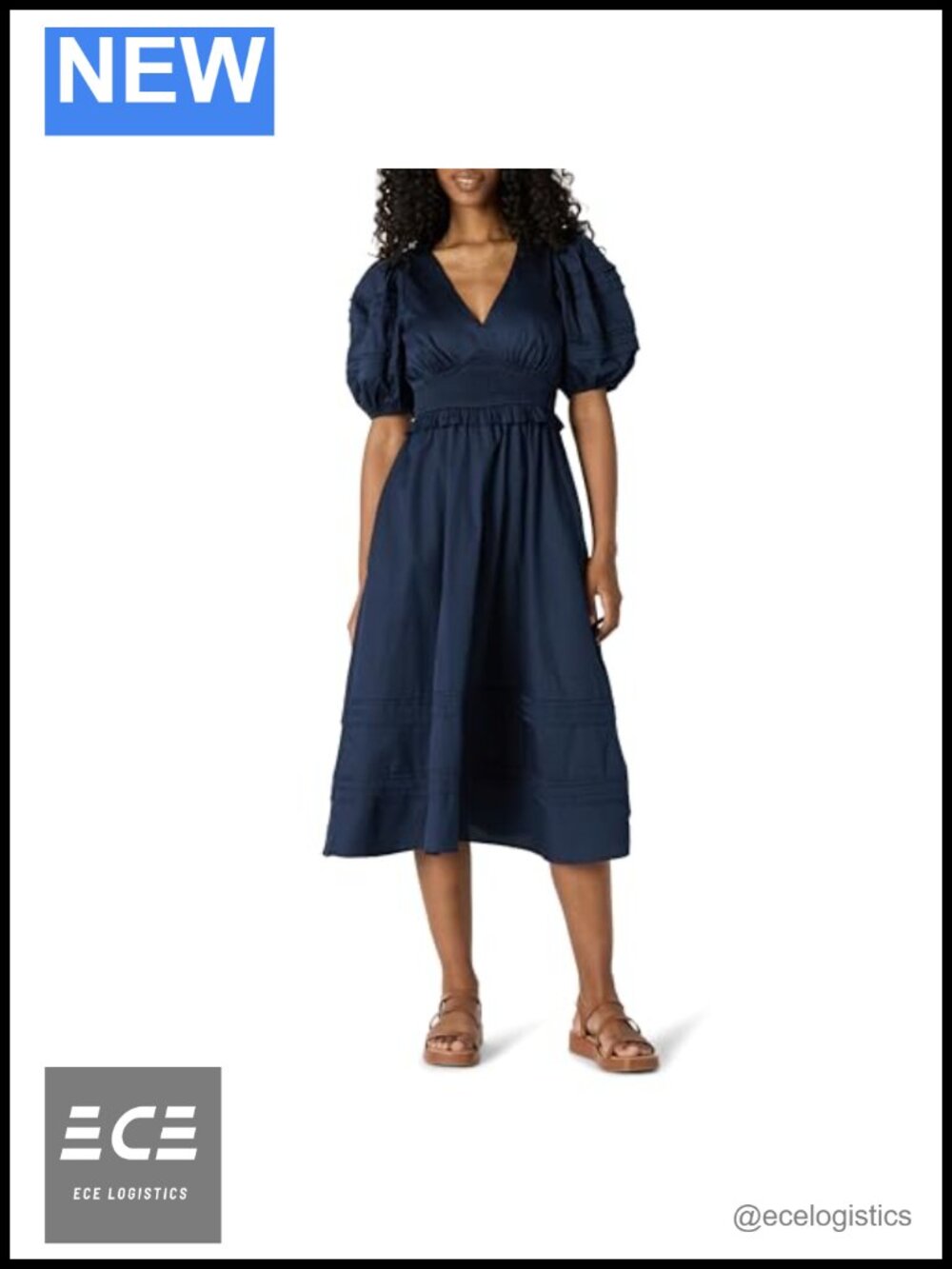 Women's Regular-Fit Cotton Sateen Puff Sleeve Midi Dress V-Neck